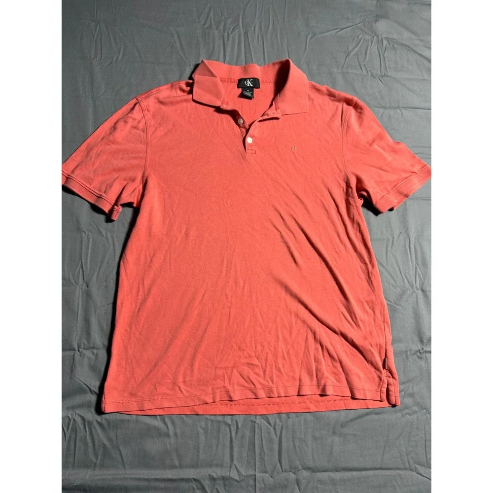 Calvin Klein Polo Shirt Men Medium Pink Good Short Sleeve Cotton CK Logo